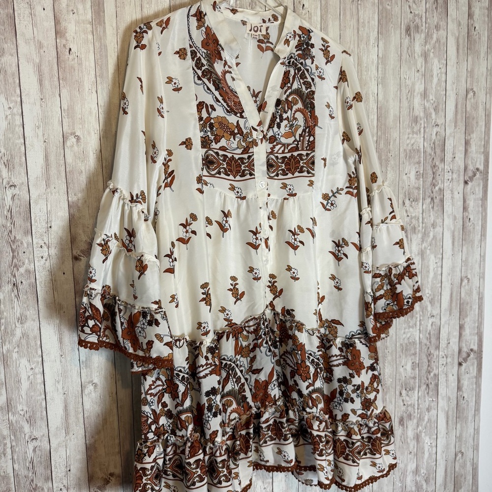 Jot Silk Boho Floral Tiered Free Size Dress Crochet Trim - Picture 2 of 9